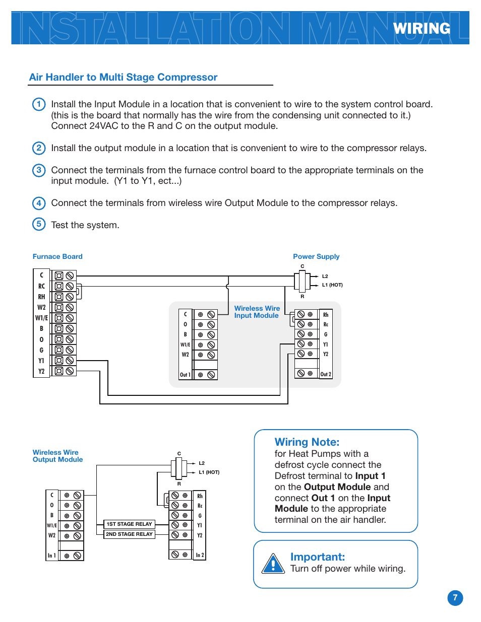 Wiring, Important, Air handler to multi stage compressor | Turn off power while wiring | Pro1 WW160W User Manual | Page 7 / 9