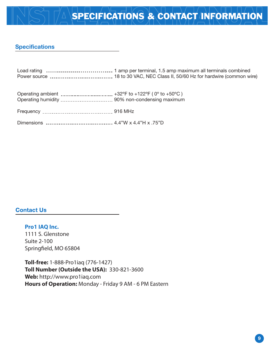 Specifications & contact information | Pro1 WW160W User Manual | Page 9 / 9