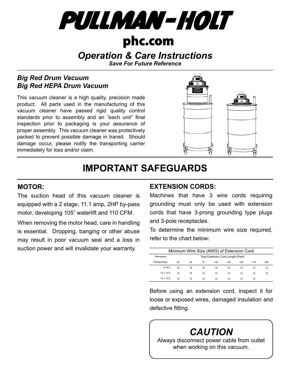 Pullman Ermator BIG RED DRUM VAC HEPA W/D 2HP User Manual | 6 pages