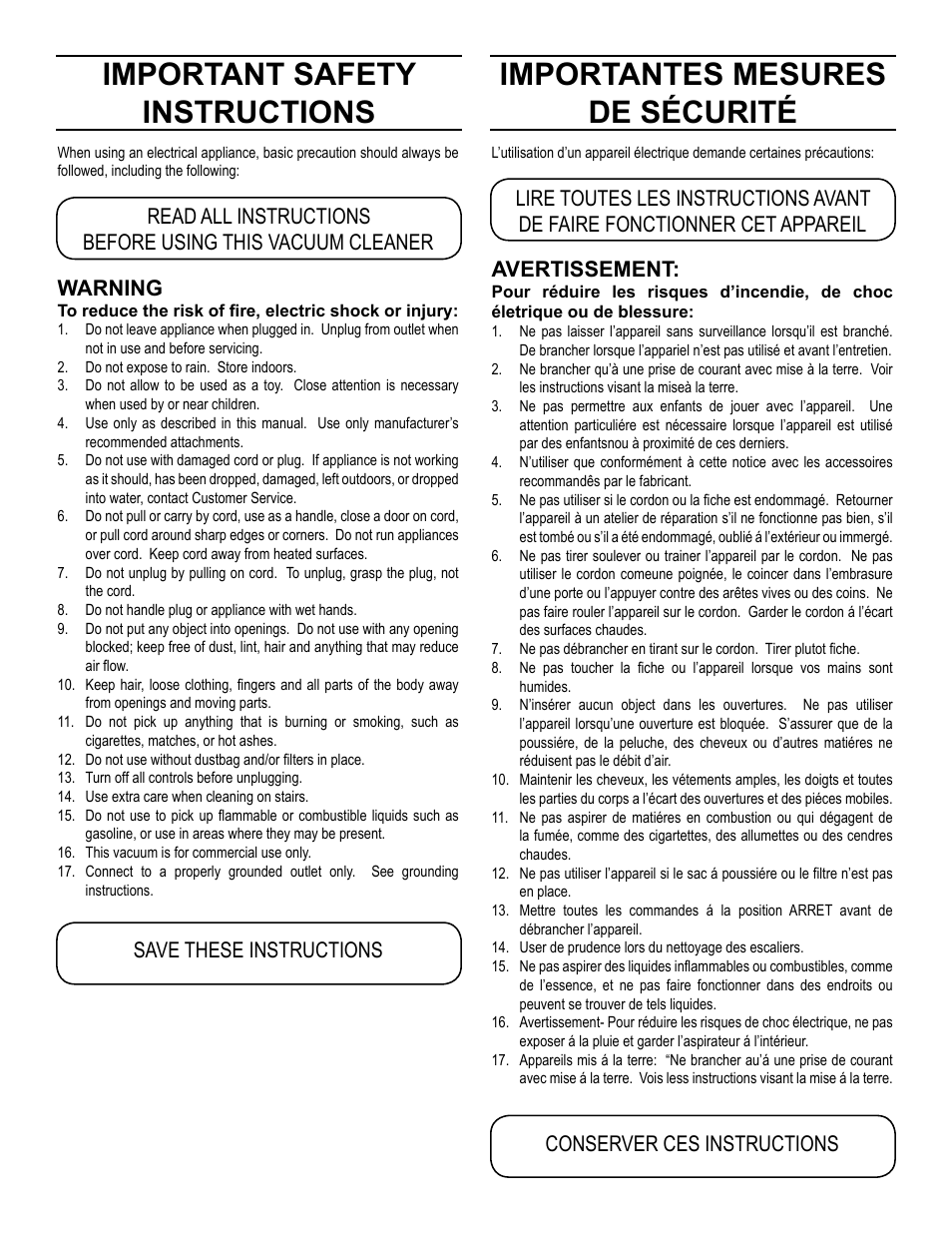 Important safety instructions, Importantes mesures de sécurité, Warning | Avertissement | Pullman Ermator BIG RED DRUM VAC HEPA W/D 2HP User Manual | Page 2 / 6