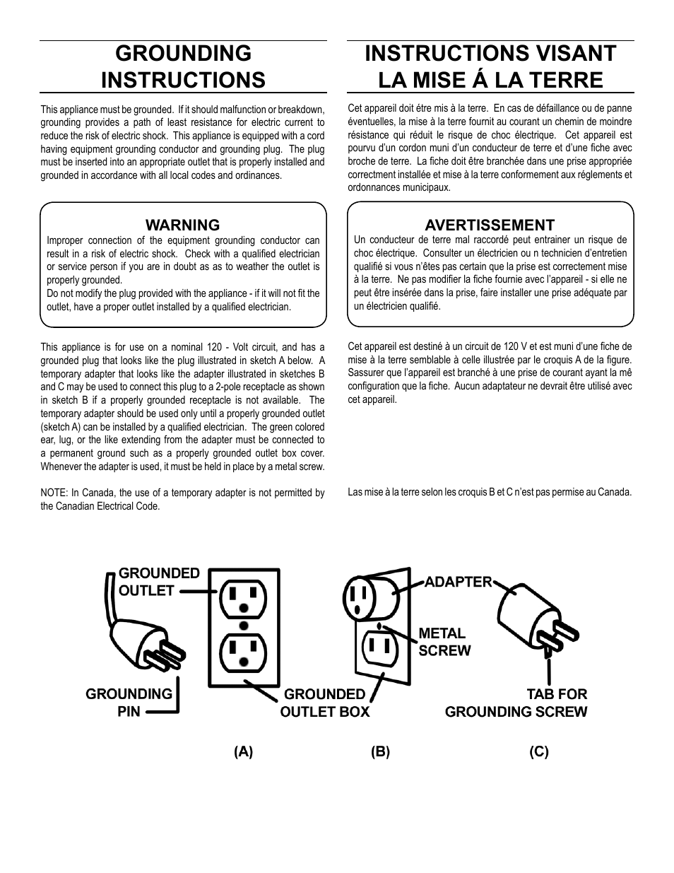 Grounding instructions, Instructions visant la mise á la terre | Pullman Ermator BIG RED DRUM VAC HEPA W/D 2HP User Manual | Page 3 / 6