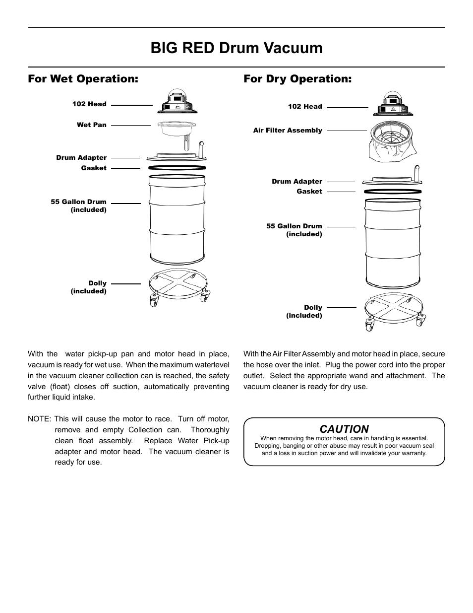 Big red drum vacuum, For wet operation, For dry operation | Caution | Pullman Ermator BIG RED DRUM VAC HEPA W/D 2HP User Manual | Page 4 / 6
