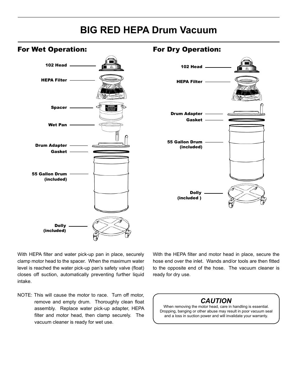 Big red hepa drum vacuum, For wet operation, For dry operation | Caution | Pullman Ermator BIG RED DRUM VAC HEPA W/D 2HP User Manual | Page 5 / 6