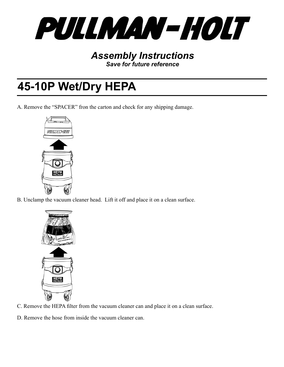 Pullman Ermator HEPA VAC 2HP 10GL 45 WD (45-10P) User Manual | 2 pages