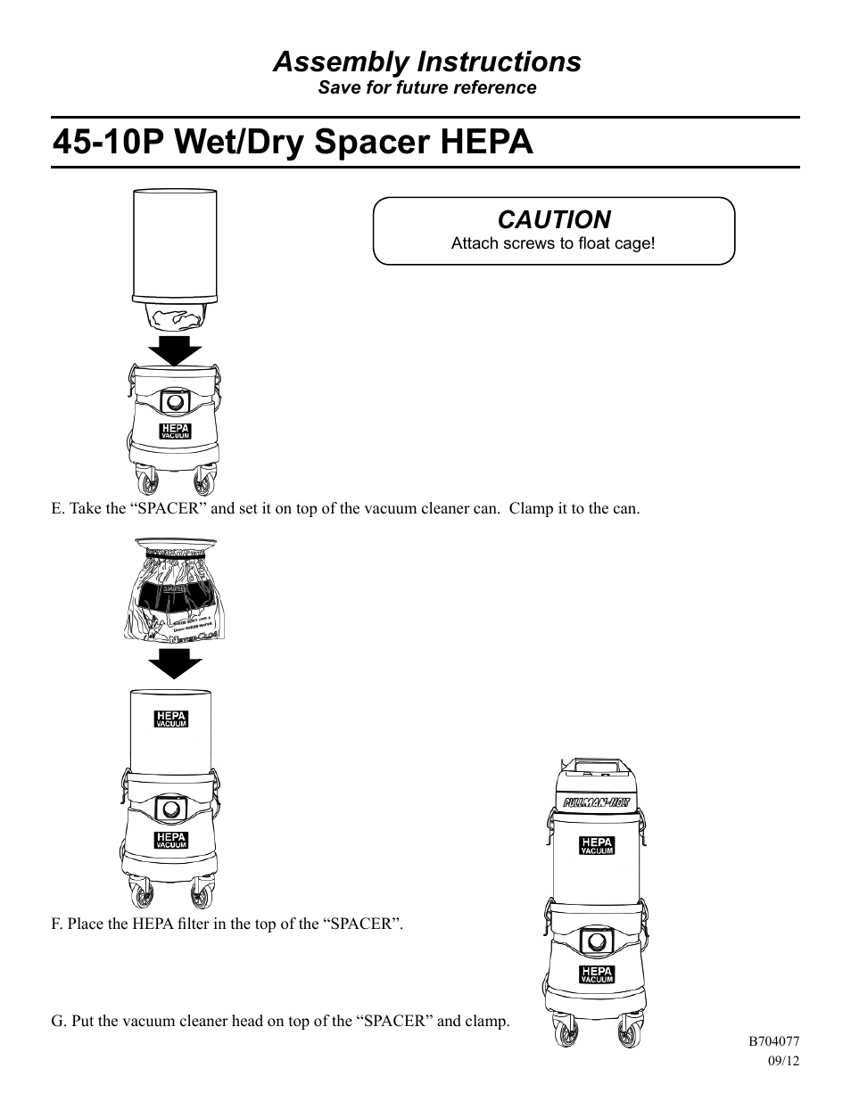10p wet/dry spacer hepa, Assembly instructions, Caution | Pullman Ermator HEPA VAC 2HP 10GL 45 WD (45-10P) User Manual | Page 2 / 2