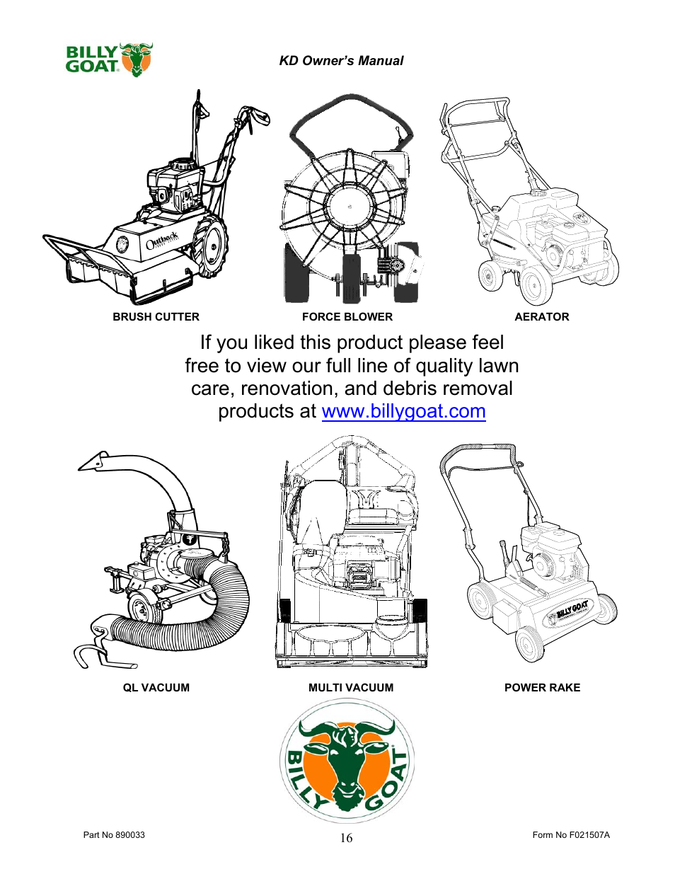 Billy Goat KD512HCS User Manual | Page 16 / 16
