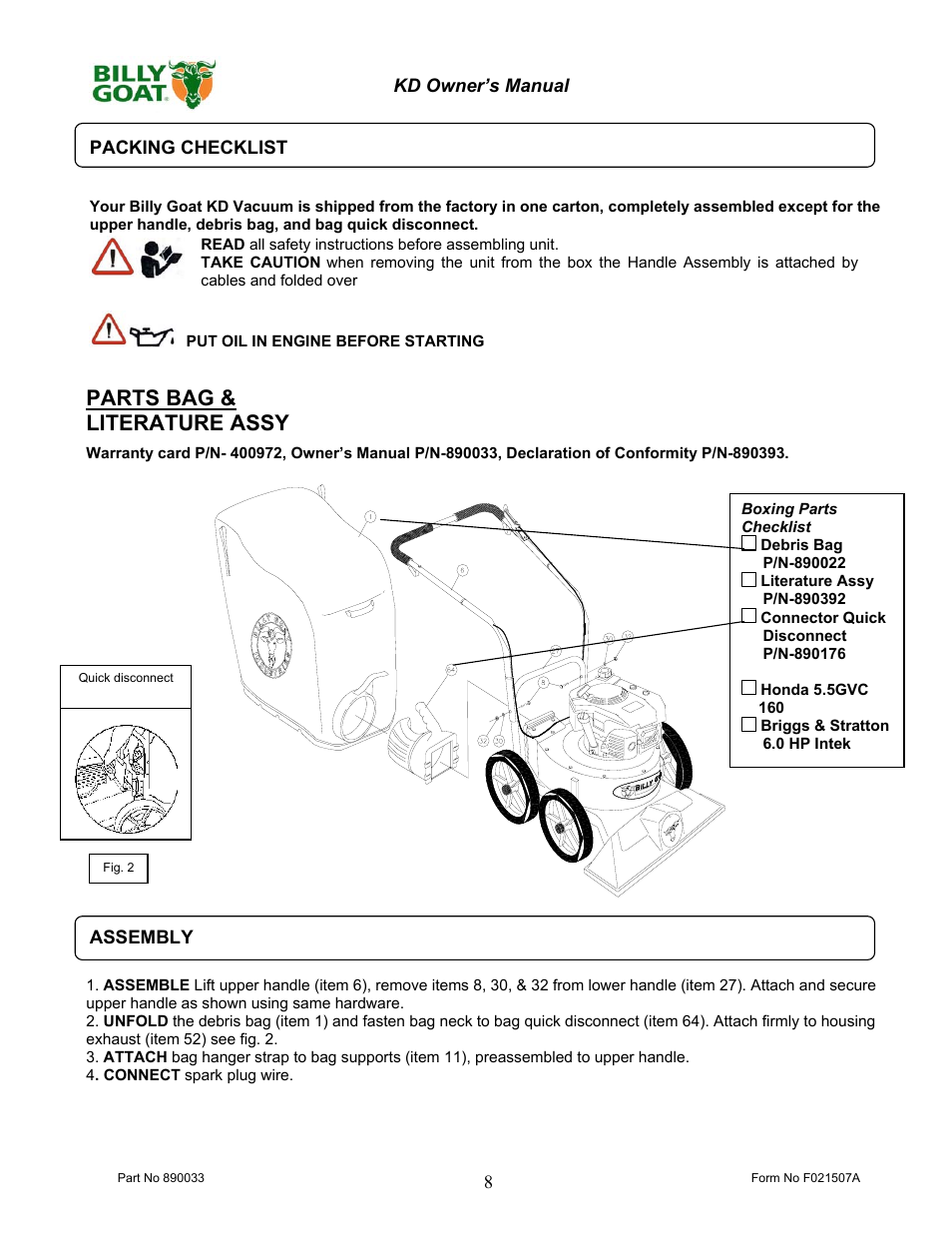 Parts bag & literature assy | Billy Goat KD512HCS User Manual | Page 8 / 16