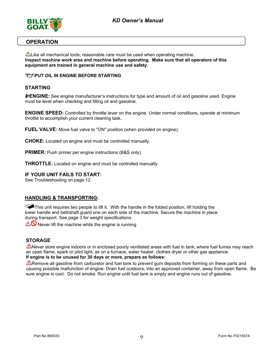 Billy Goat KD512HCS User Manual | Page 9 / 16