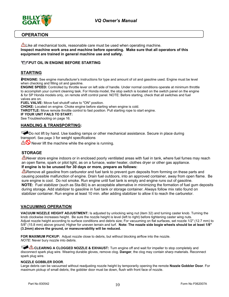 Billy Goat VQ902SPH User Manual | Page 10 / 20