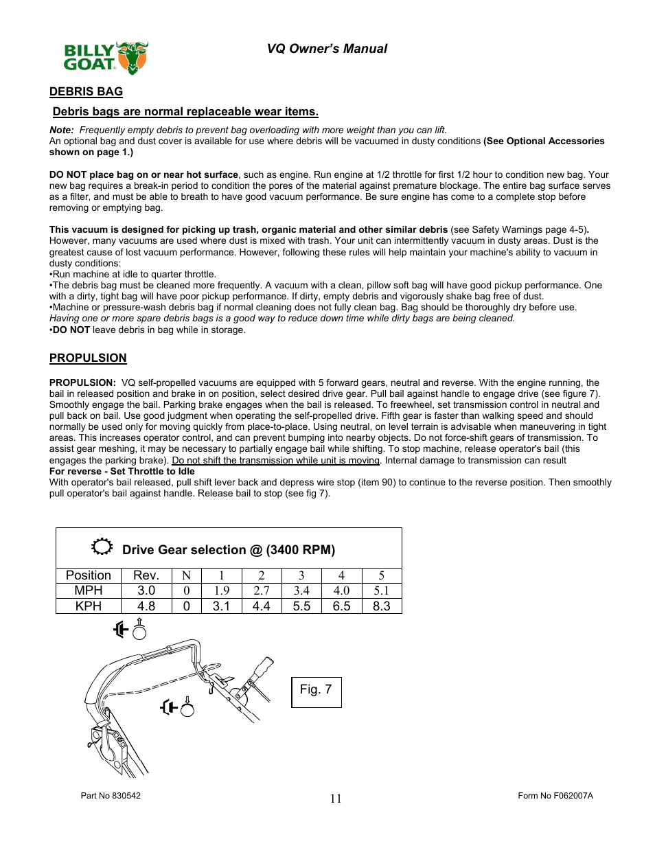 Billy Goat VQ902SPH User Manual | Page 11 / 20