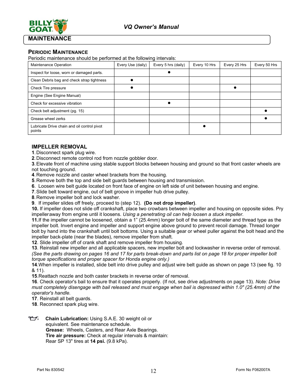 12 vq owner’s manual maintenance p, Impeller removal | Billy Goat VQ902SPH User Manual | Page 12 / 20
