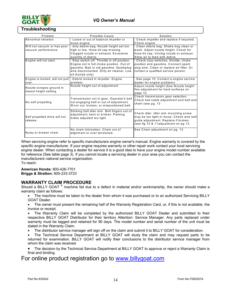 14 vq owner’s manual troubleshooting, Warranty claim procedure | Billy Goat VQ902SPH User Manual | Page 14 / 20
