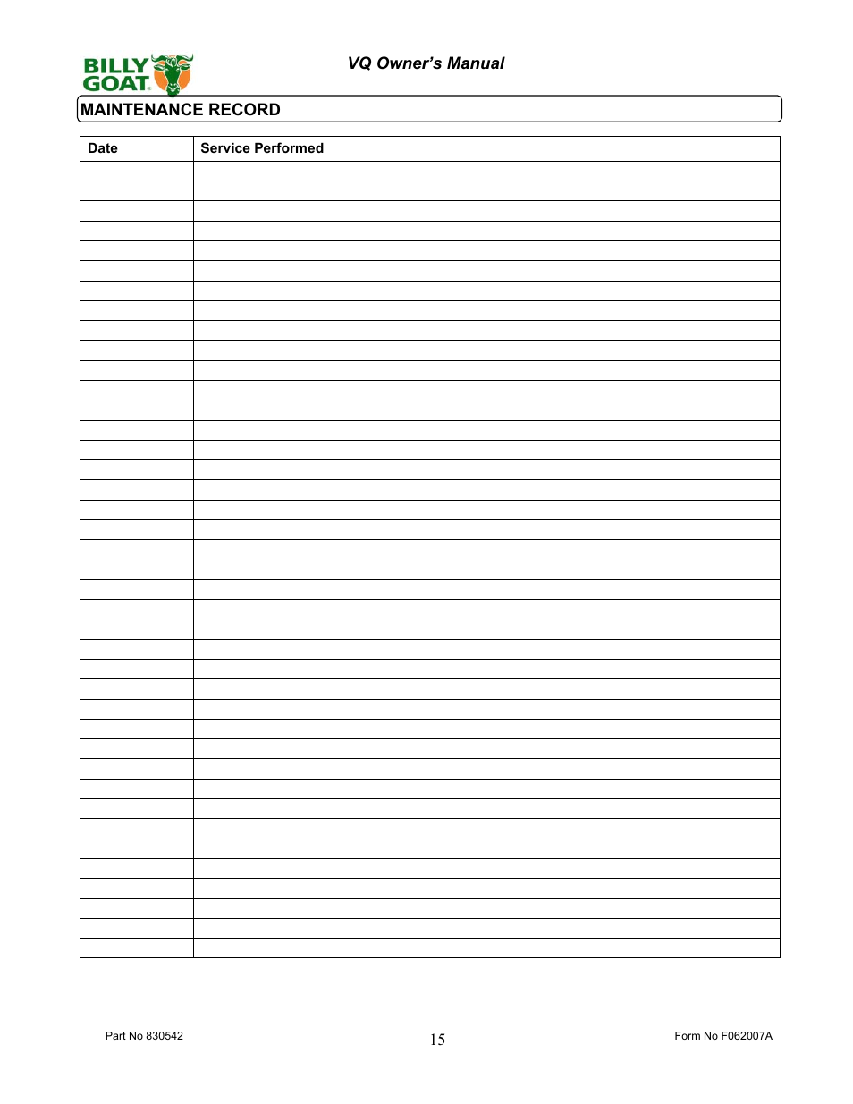 Billy Goat VQ902SPH User Manual | Page 15 / 20
