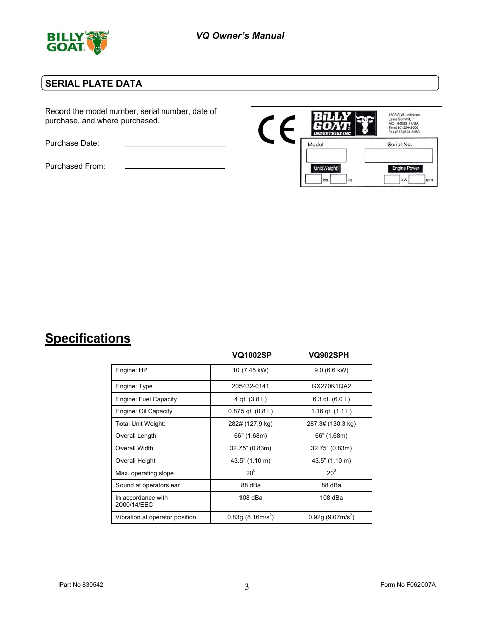 Specifications, 3 vq owner’s manual serial plate data | Billy Goat VQ902SPH User Manual | Page 3 / 20
