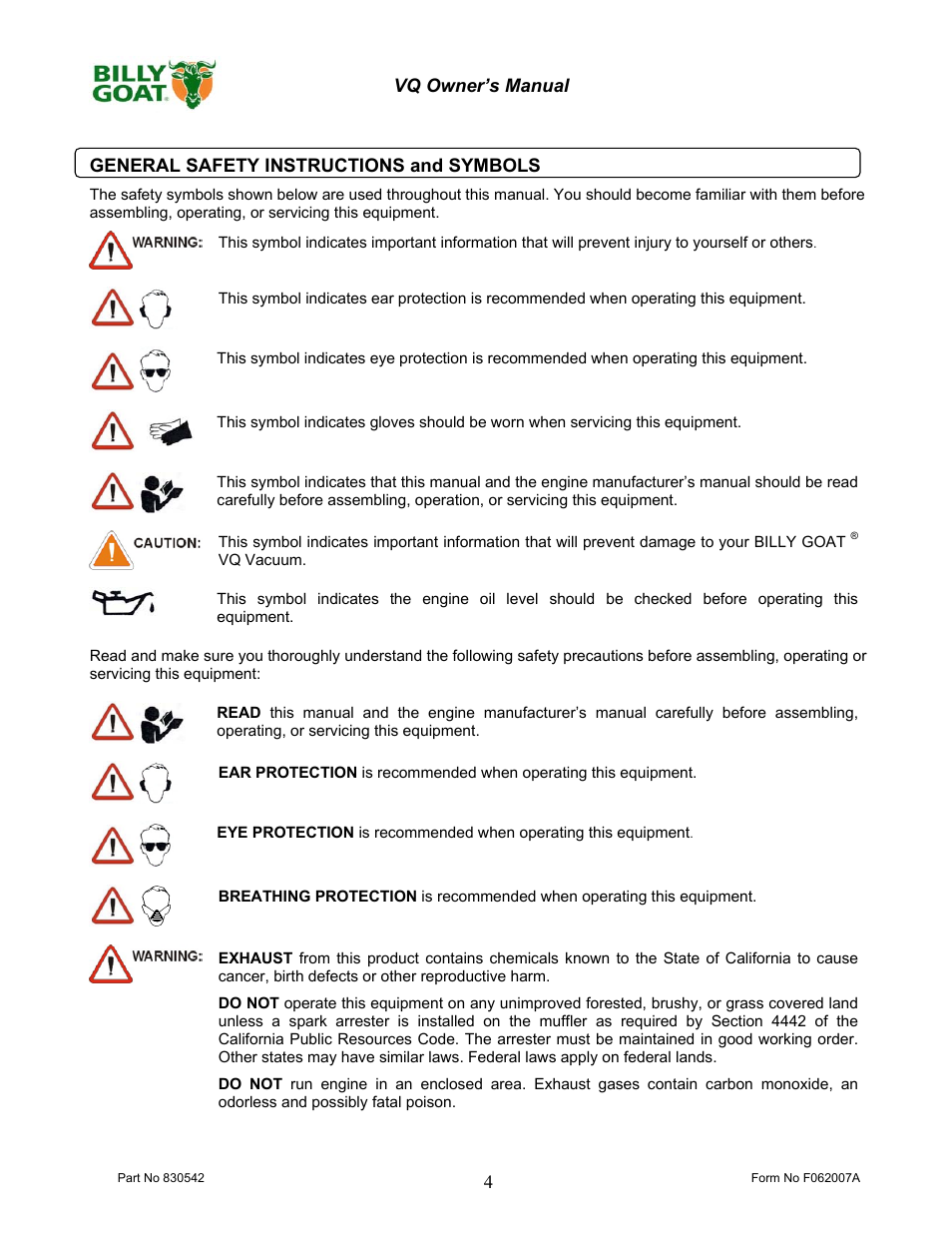 Billy Goat VQ902SPH User Manual | Page 4 / 20