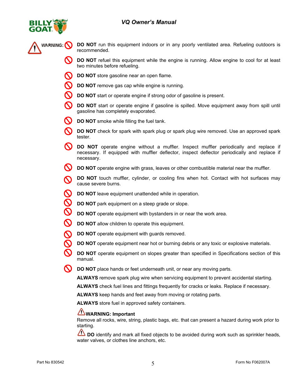 Billy Goat VQ902SPH User Manual | Page 5 / 20
