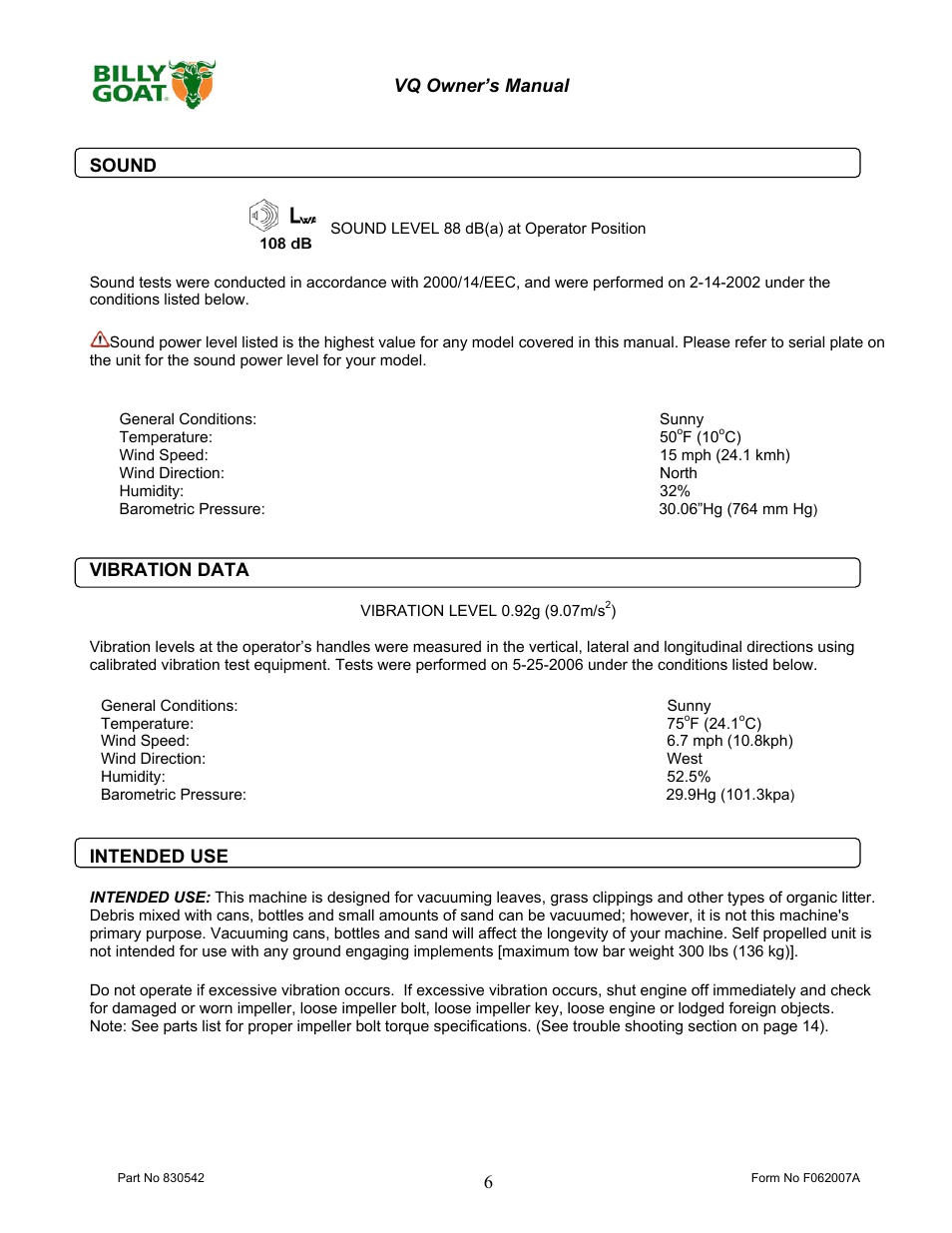 Billy Goat VQ902SPH User Manual | Page 6 / 20