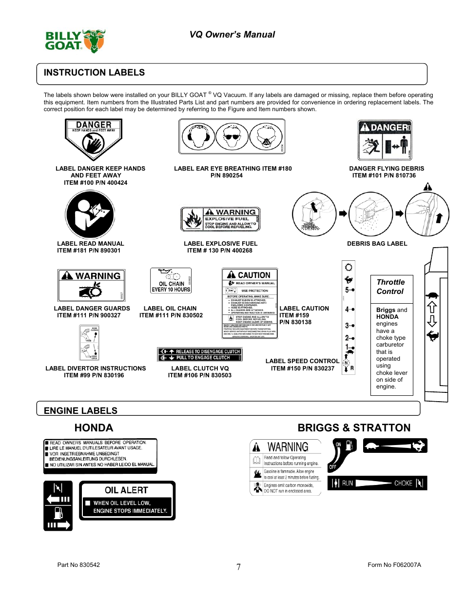 Honda briggs & stratton | Billy Goat VQ902SPH User Manual | Page 7 / 20