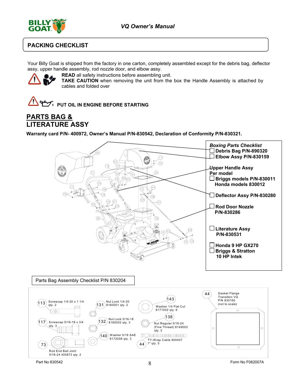 Parts bag & literature assy | Billy Goat VQ902SPH User Manual | Page 8 / 20
