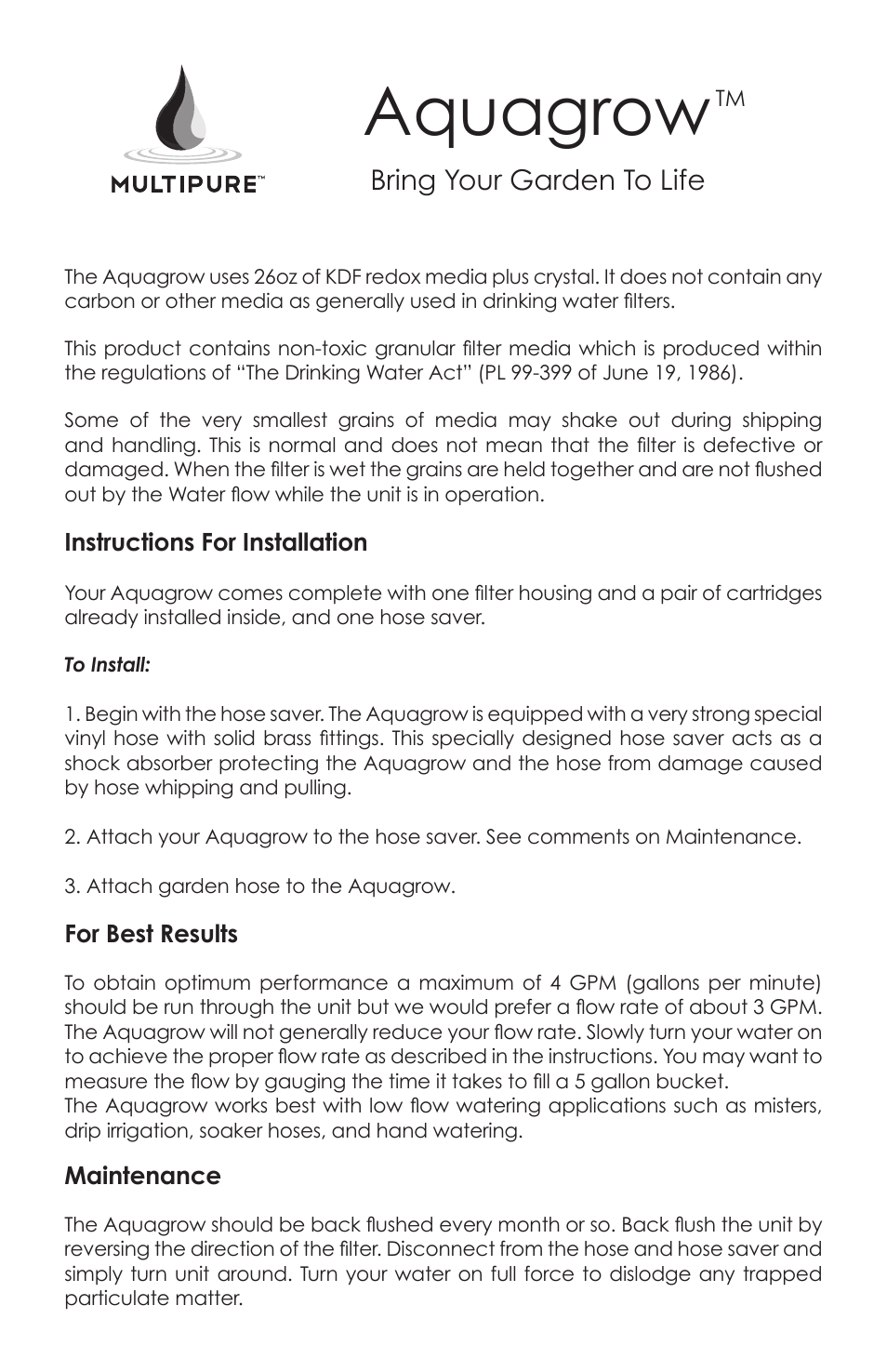 Purenex Aquagrow User Manual | 4 pages