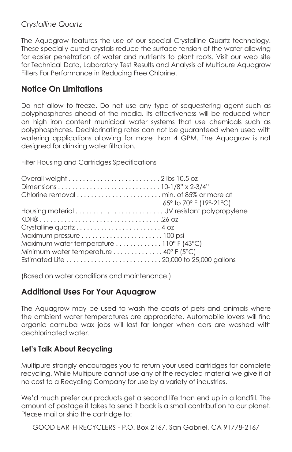 Notice on limitations, Additional uses for your aquagrow | Purenex Aquagrow User Manual | Page 3 / 4