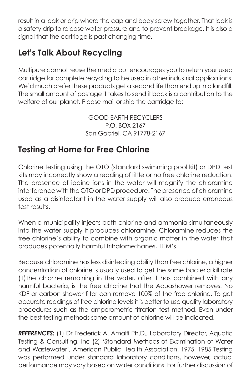 Let’s talk about recycling, Testing at home for free chlorine | Purenex Aquashower Filter User Manual | Page 6 / 8