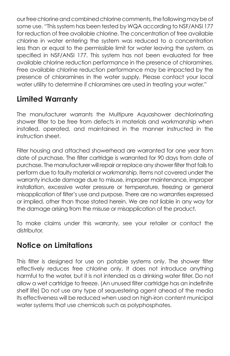 Limited warranty, Notice on limitations | Purenex Aquashower Filter User Manual | Page 7 / 8
