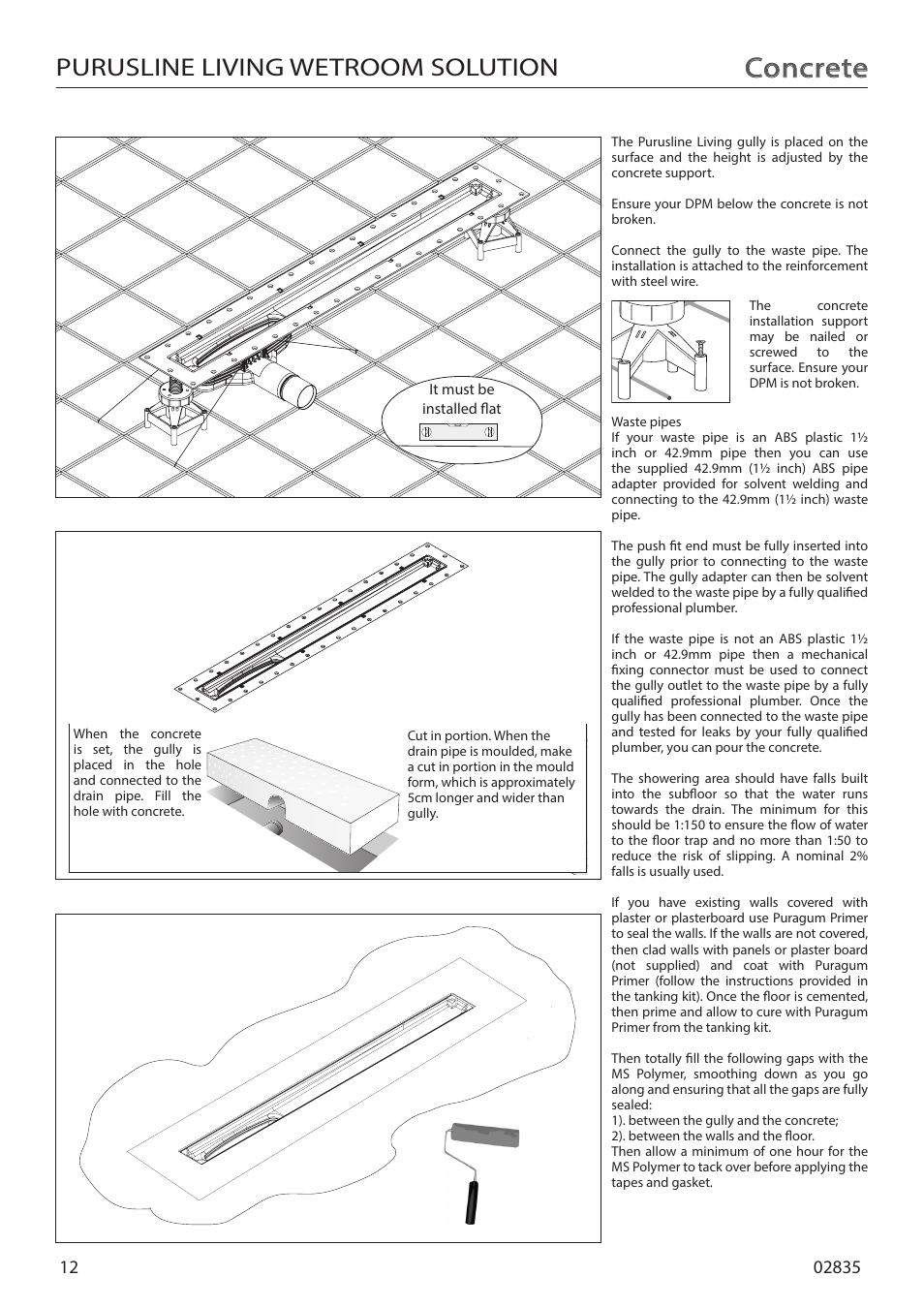 Concrete, Purusline living wetroom solution, Purus centre linear 800 wet room solution | Step 4, Step 2, Step 3 | Purus Living 600 - Drop/Twist Grate User Manual | Page 12 / 16