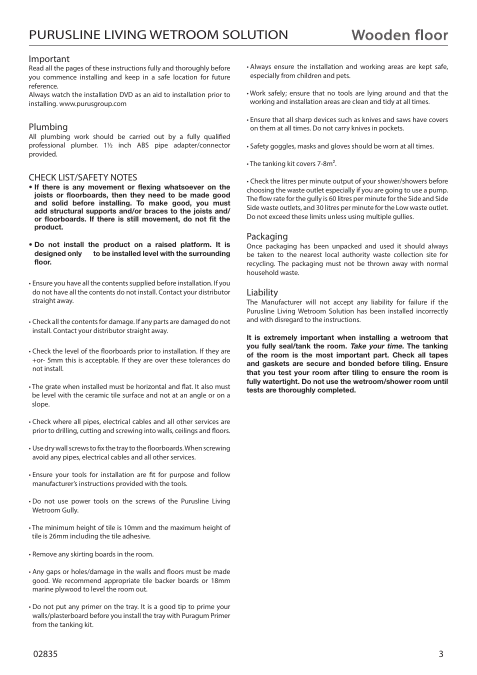 Wooden floor, Purusline living wetroom solution, Plumbing | Packaging, Liability | Purus Living 600 - Drop/Twist Grate User Manual | Page 3 / 16