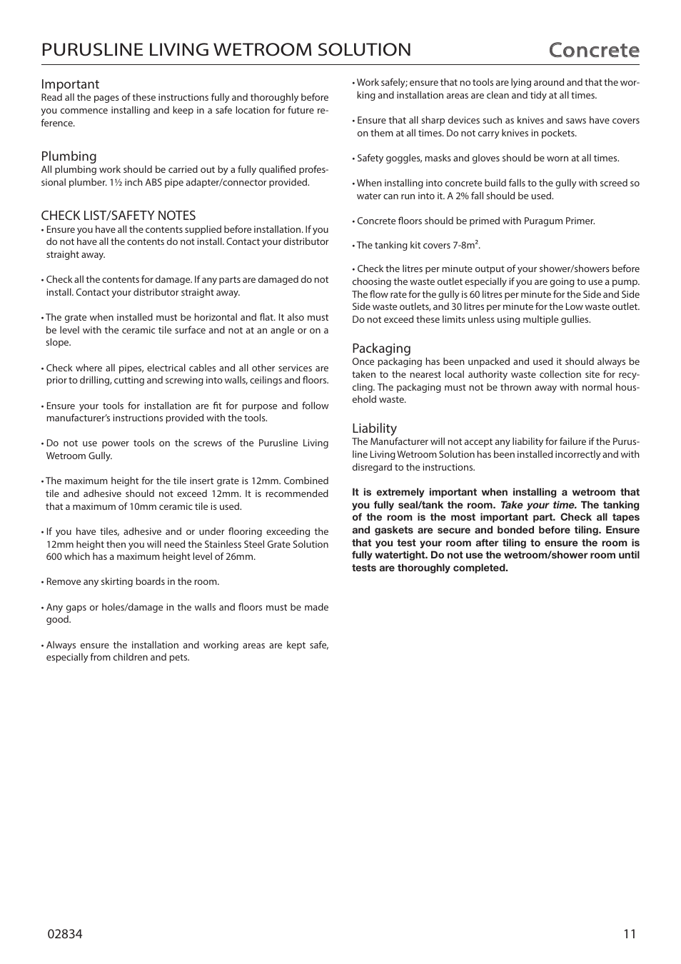 Concrete, Purusline living wetroom solution, Important | Plumbing, Packaging, Liability | Purus Living 600 - Tile Insert Grate User Manual | Page 11 / 16
