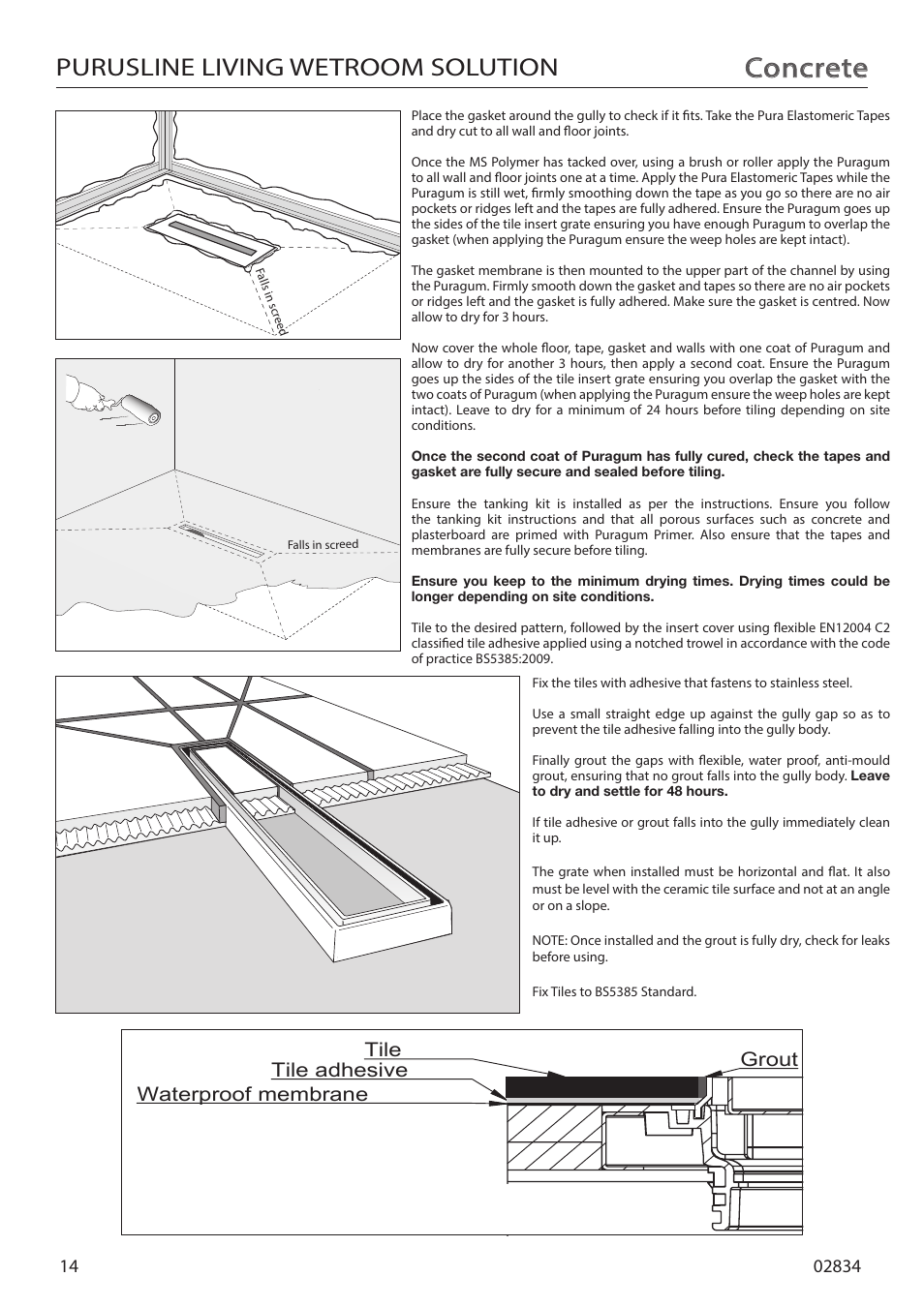 Concrete, Purusline living wetroom solution, Tile grout waterproof membrane tile adhesive | Purus Living 600 - Tile Insert Grate User Manual | Page 14 / 16