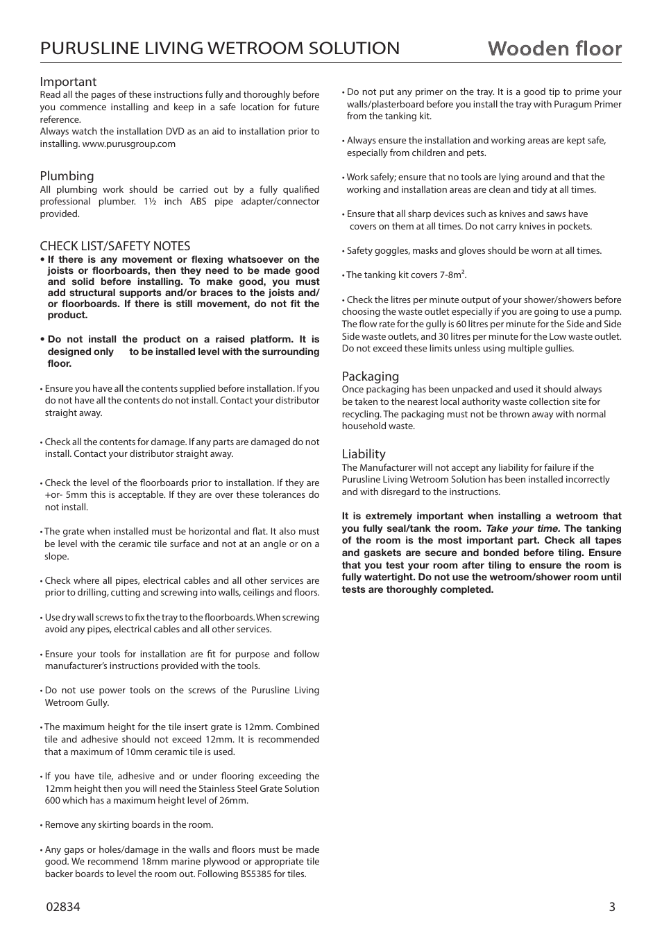 Wooden floor, Purusline living wetroom solution, Important | Plumbing, Packaging, Liability | Purus Living 600 - Tile Insert Grate User Manual | Page 3 / 16