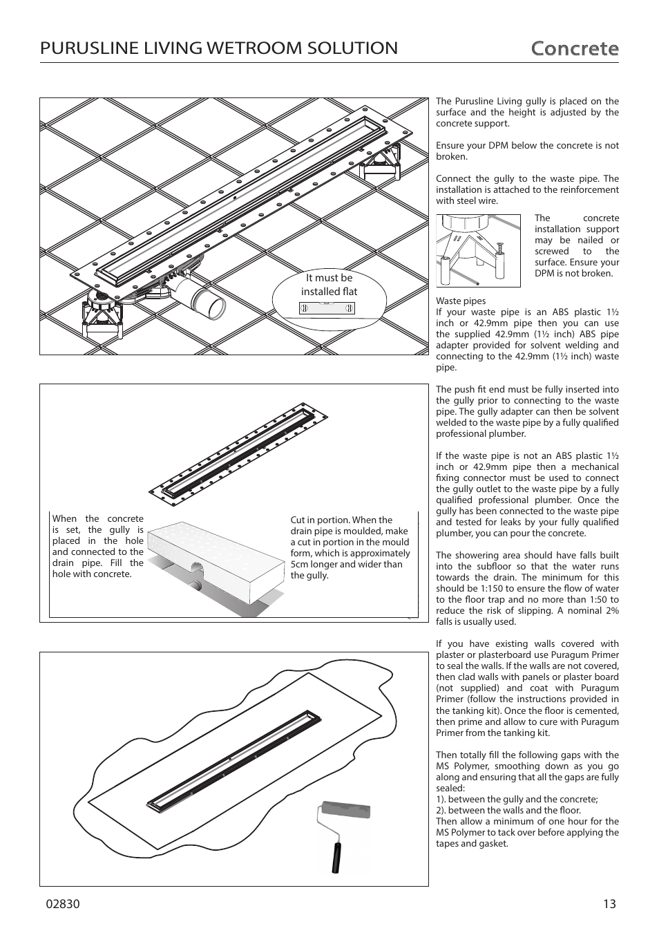 Concrete, Purusline living wetroom solution, Purus centre linear 800 wet room solution | Step 4, Step 2, Step 3 | Purus Living 800 - Tile Insert Grate User Manual | Page 13 / 16