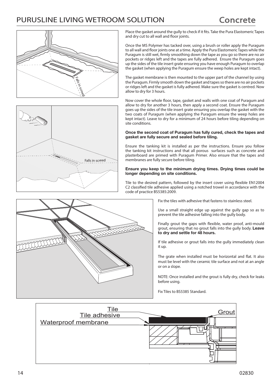 Concrete, Purusline living wetroom solution, Tile grout waterproof membrane tile adhesive | Purus Living 800 - Tile Insert Grate User Manual | Page 14 / 16