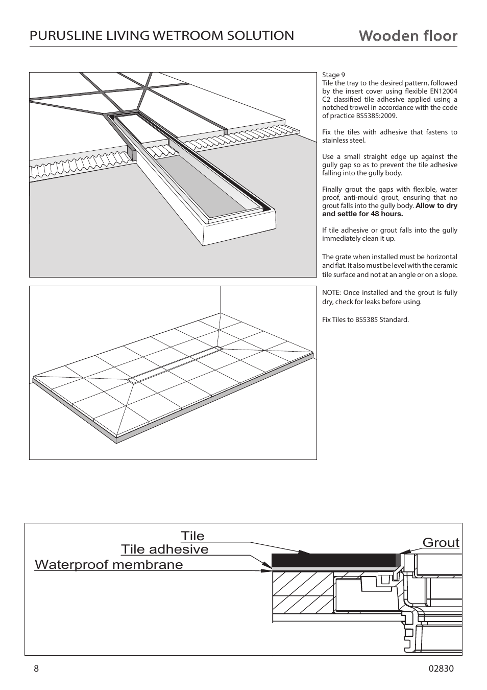 Wooden floor, Purusline living wetroom solution, Tile grout waterproof membrane tile adhesive | Purus Living 800 - Tile Insert Grate User Manual | Page 8 / 16