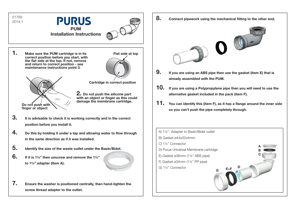 Purus Basin/Bidet Waste with Purus Universal Membrane (PUM) User Manual | 2 pages