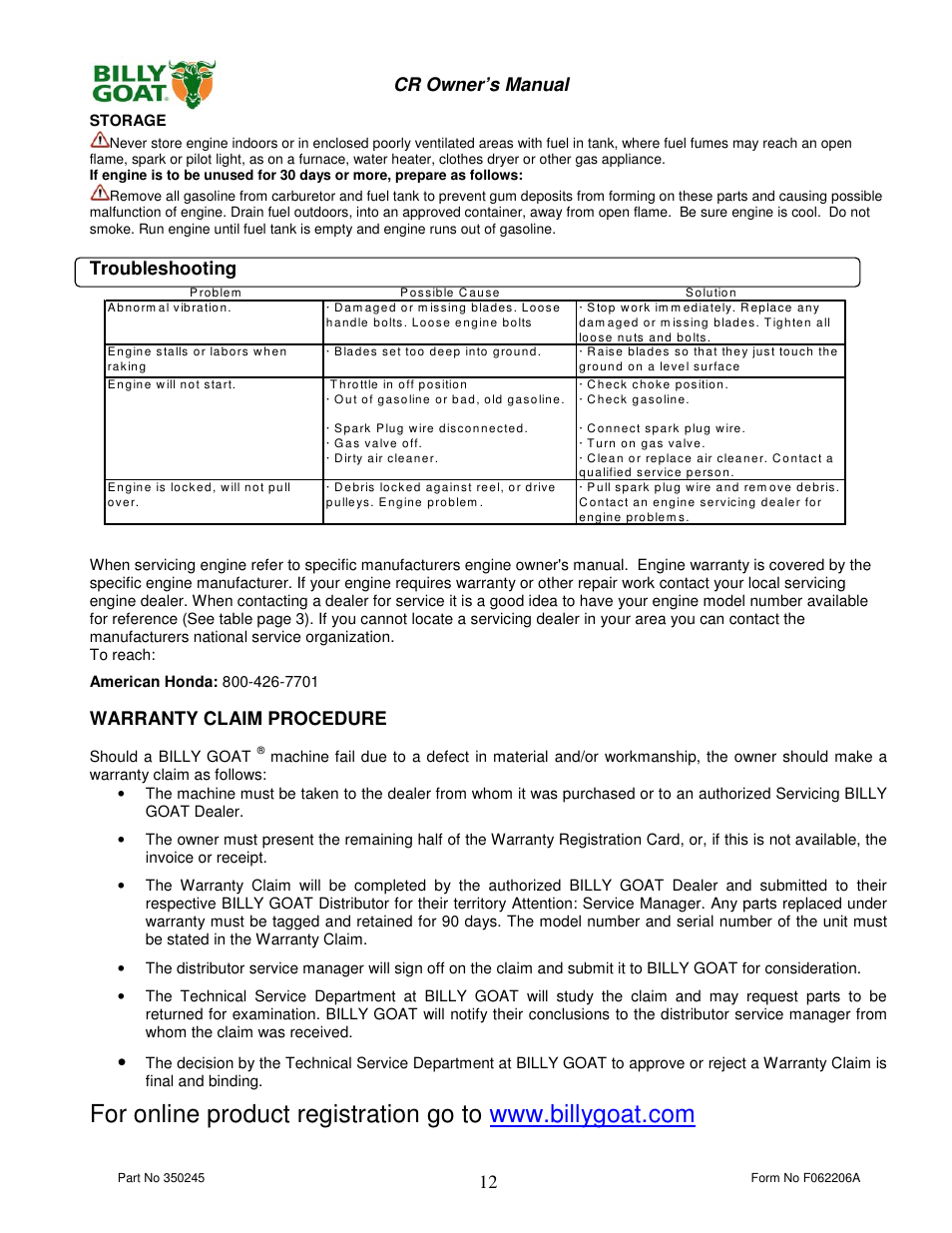 12 cr owner’s manual, Troubleshooting, Warranty claim procedure | Billy Goat CR550HC User Manual | Page 12 / 16