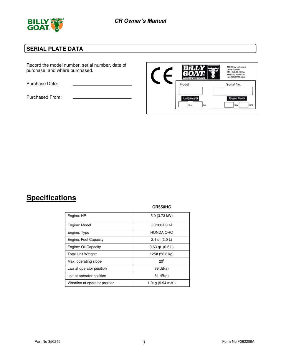Specifications, 3cr owner’s manual serial plate data | Billy Goat CR550HC User Manual | Page 3 / 16