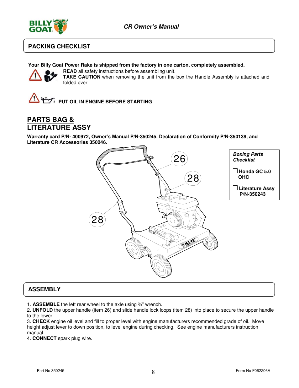 Parts bag & literature assy | Billy Goat CR550HC User Manual | Page 8 / 16
