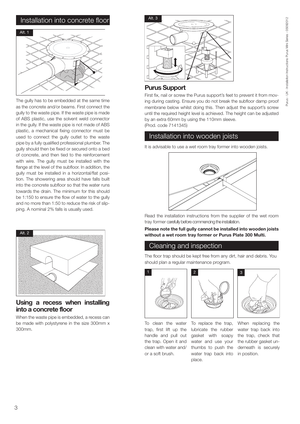 Installation into concrete floor, Purus support, Ingjutning vid bjälklagsgjutning | Ursparning, Purusstödet, Purusplattan 300 multi | Purus Mini Brage 110 User Manual | Page 3 / 4