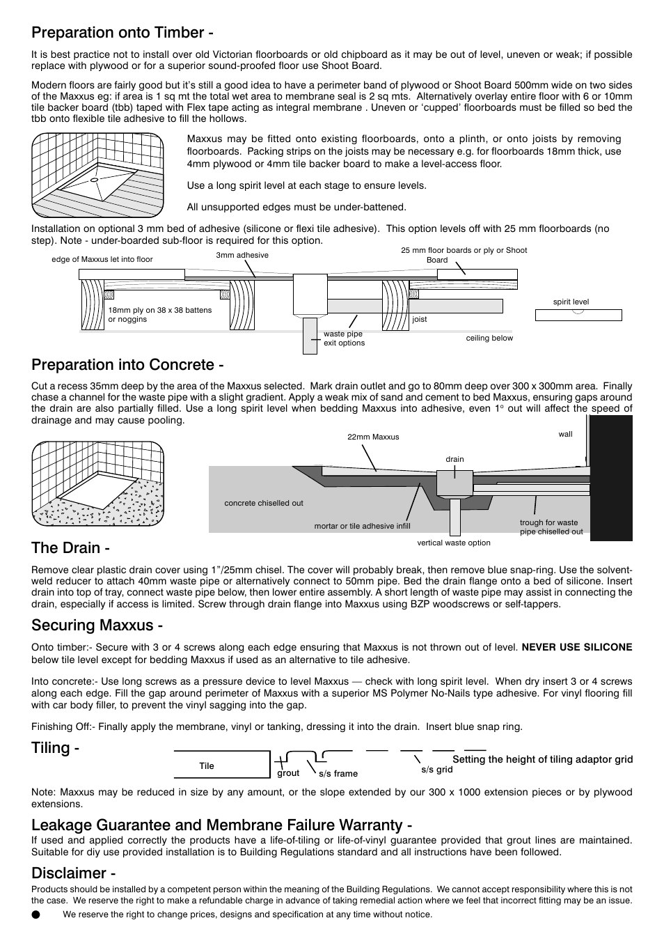 Preparation onto timber, Preparation into concrete, The drain | Securing maxxus, Tiling, Leakage guarantee and membrane failure warranty, Disclaimer | Purus Maxxus Tray User Manual | Page 2 / 2