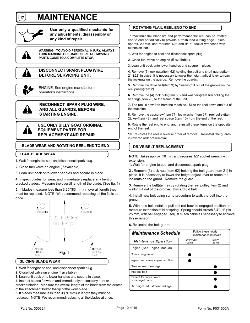 Maintenance, Maintenance schedule | Billy Goat PR550 User Manual | Page 10 / 16