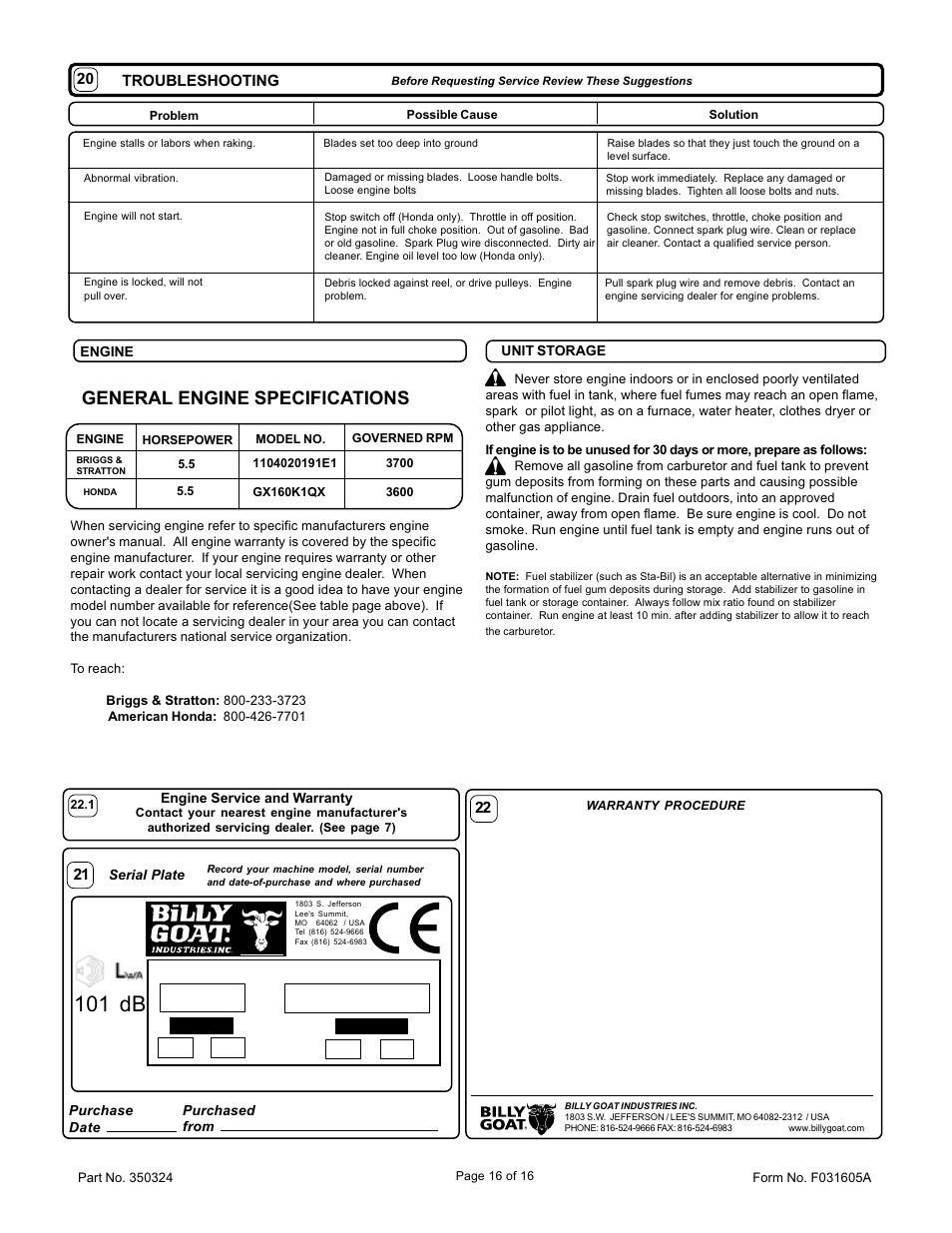 101 db, General engine specifications, Troubleshooting | Billy Goat PR550 User Manual | Page 16 / 16