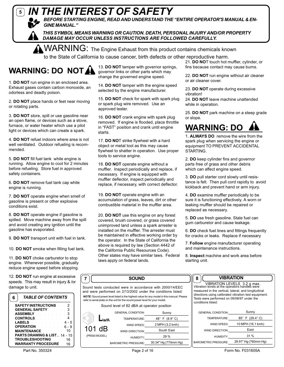 Warning, Warning: do, Warning: do not | 101 db | Billy Goat PR550 User Manual | Page 2 / 16
