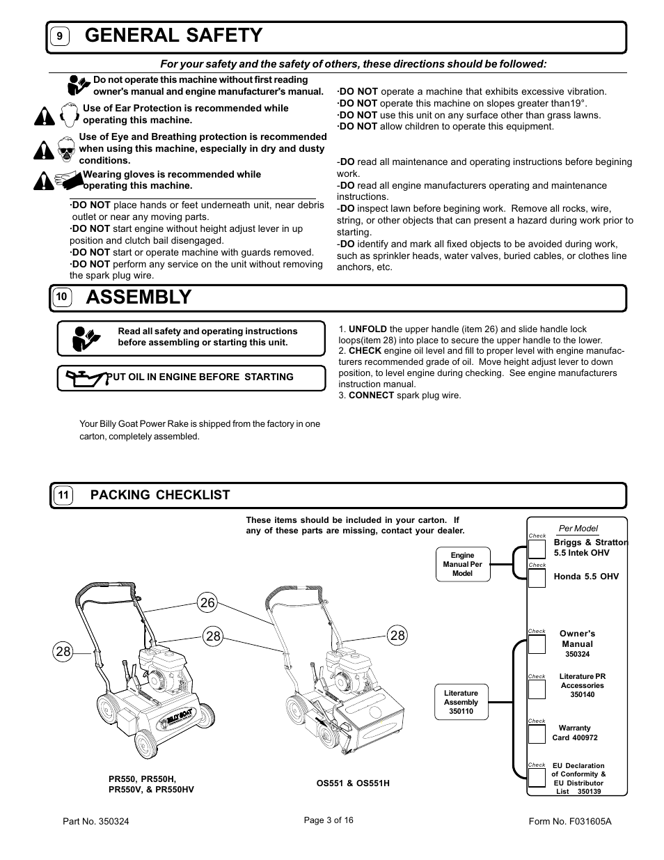 Assembly, General safety, Packing checklist | Billy Goat PR550 User Manual | Page 3 / 16