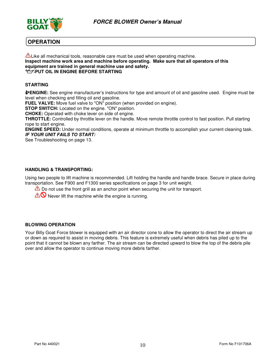 Billy Goat P / N 440120 User Manual | Page 10 / 16