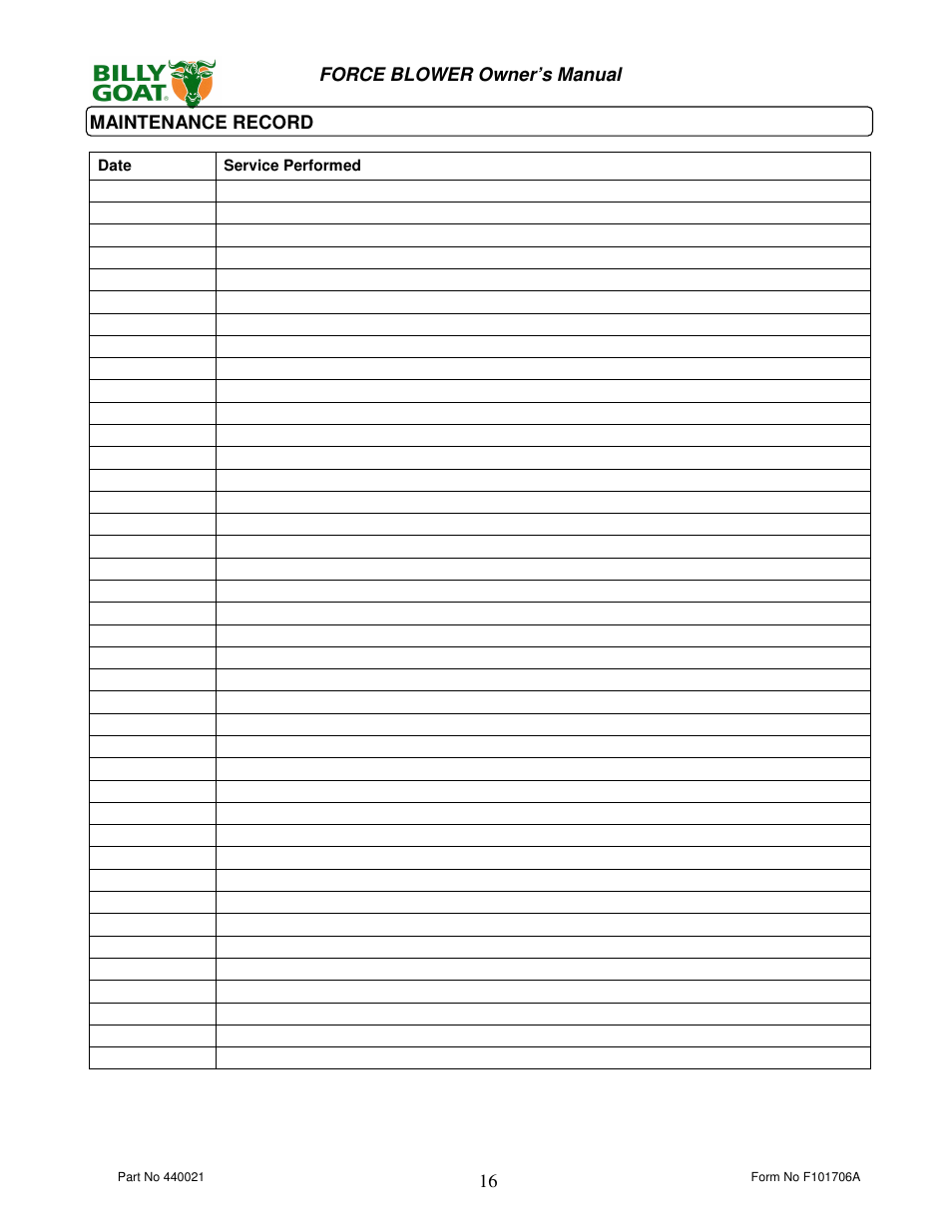 Billy Goat P / N 440120 User Manual | Page 16 / 16