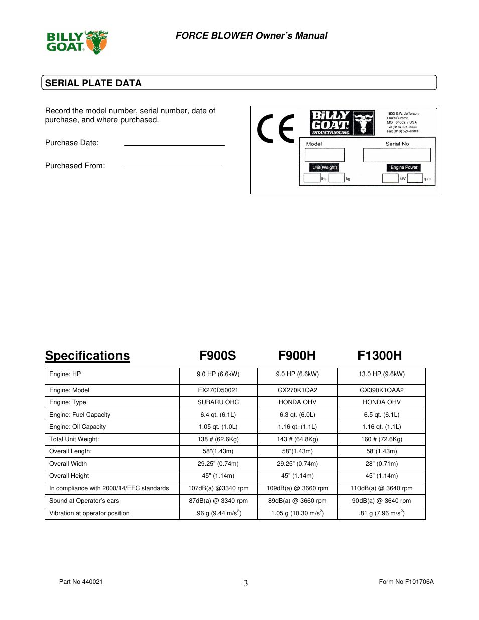 3 force blower owner’s manual serial plate data | Billy Goat P / N 440120 User Manual | Page 3 / 16