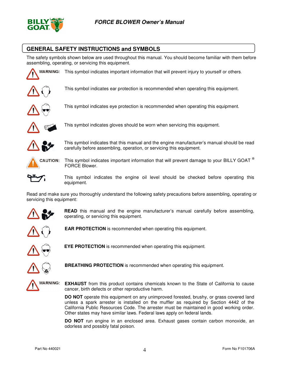 Billy Goat P / N 440120 User Manual | Page 4 / 16