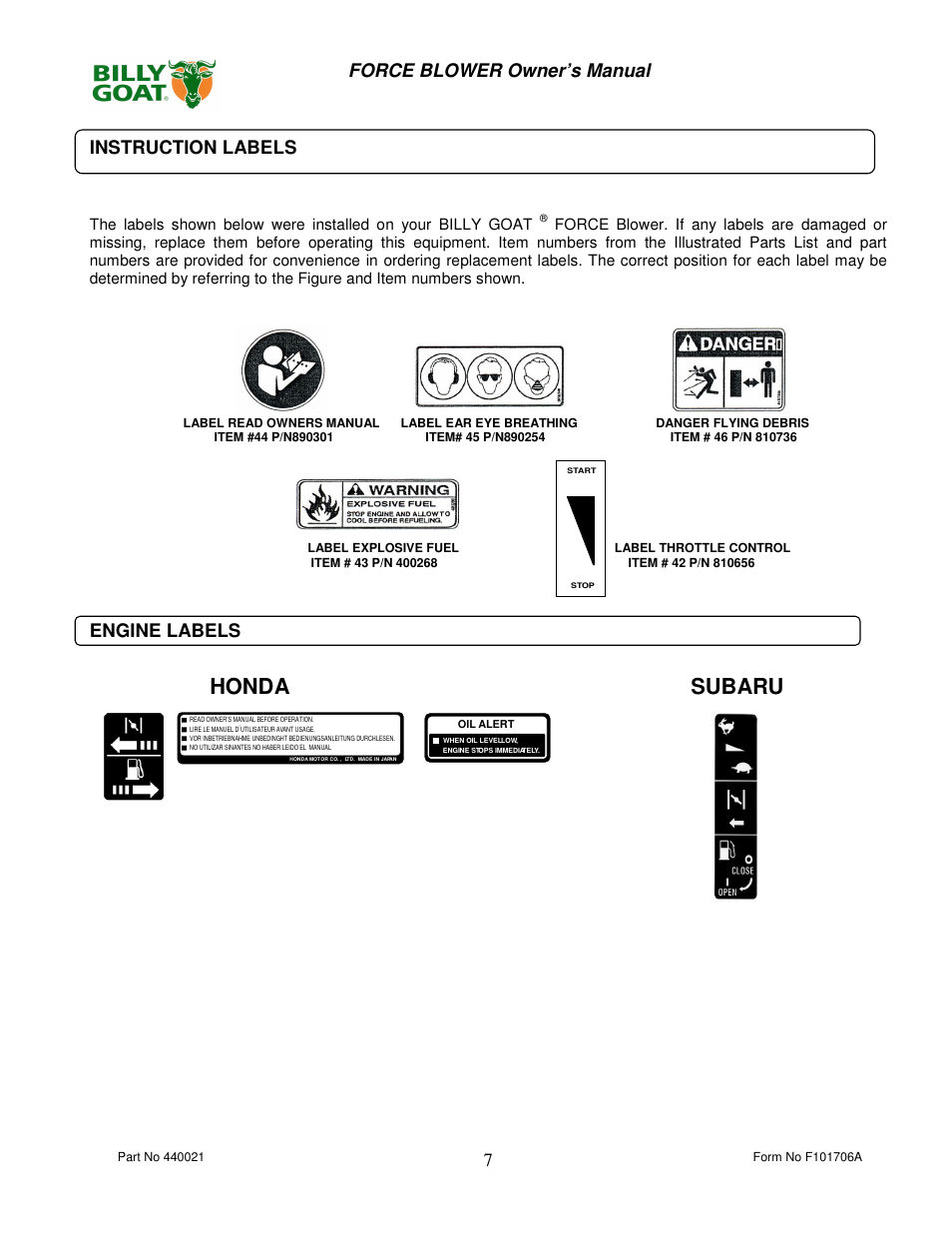 Honda subaru | Billy Goat P / N 440120 User Manual | Page 7 / 16